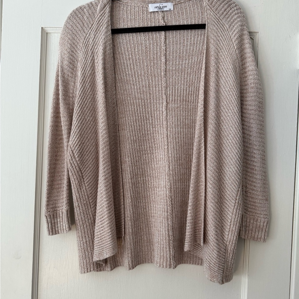 Carly Jean Los Angeles Tan Cardigan with Open Front and 3/4 Sleeves